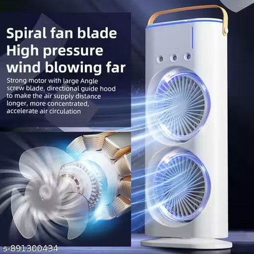 Portable Dual Fan Air Cooler with LED Lights & Remote Control – USB Rechargeable Mini Tower Fan for Home, Office, and Travel