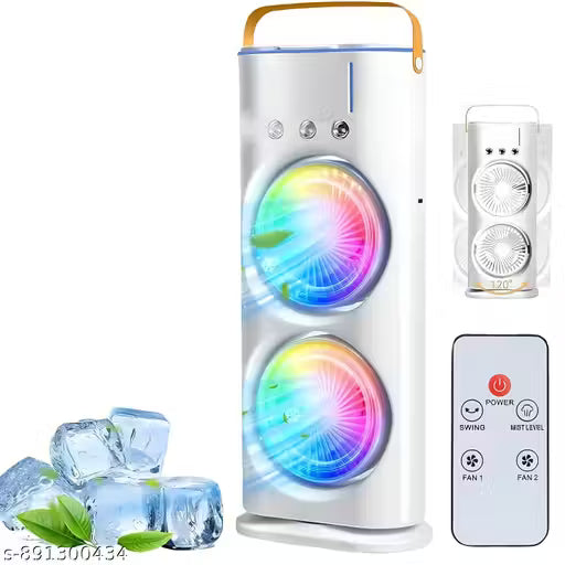 Portable Dual Fan Air Cooler with LED Lights & Remote Control – USB Rechargeable Mini Tower Fan for Home, Office, and Travel